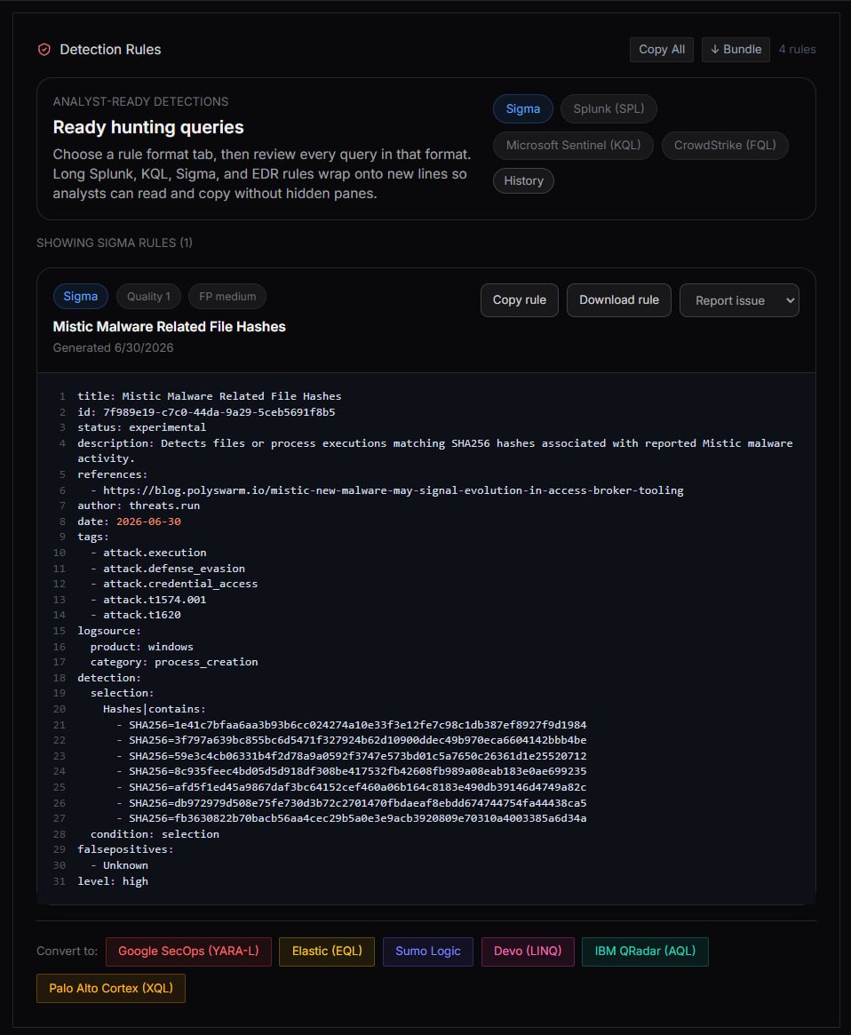 MAYA detection rules generation screenshot