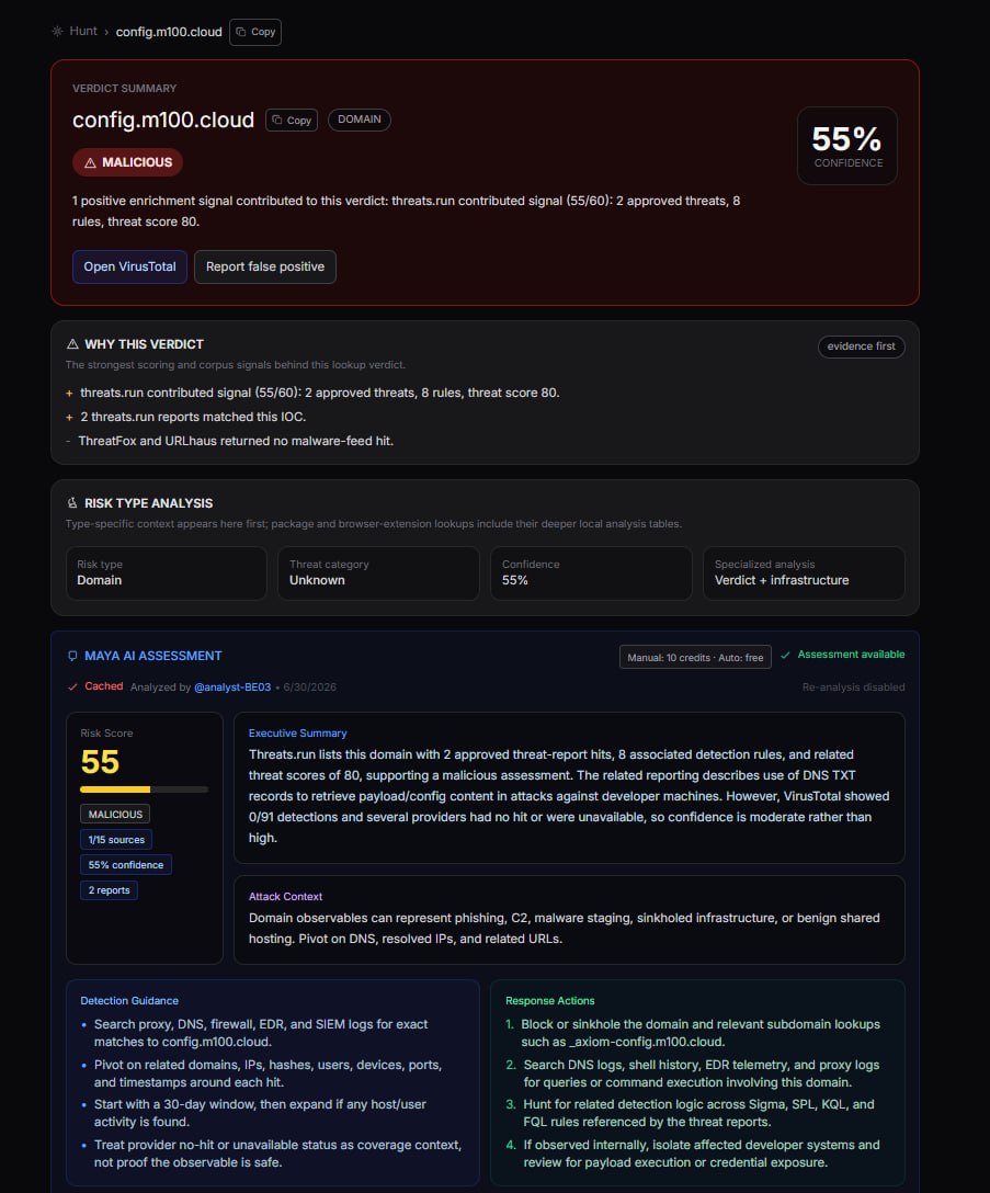 AI CTI IOC and entity lookup verdict screenshot