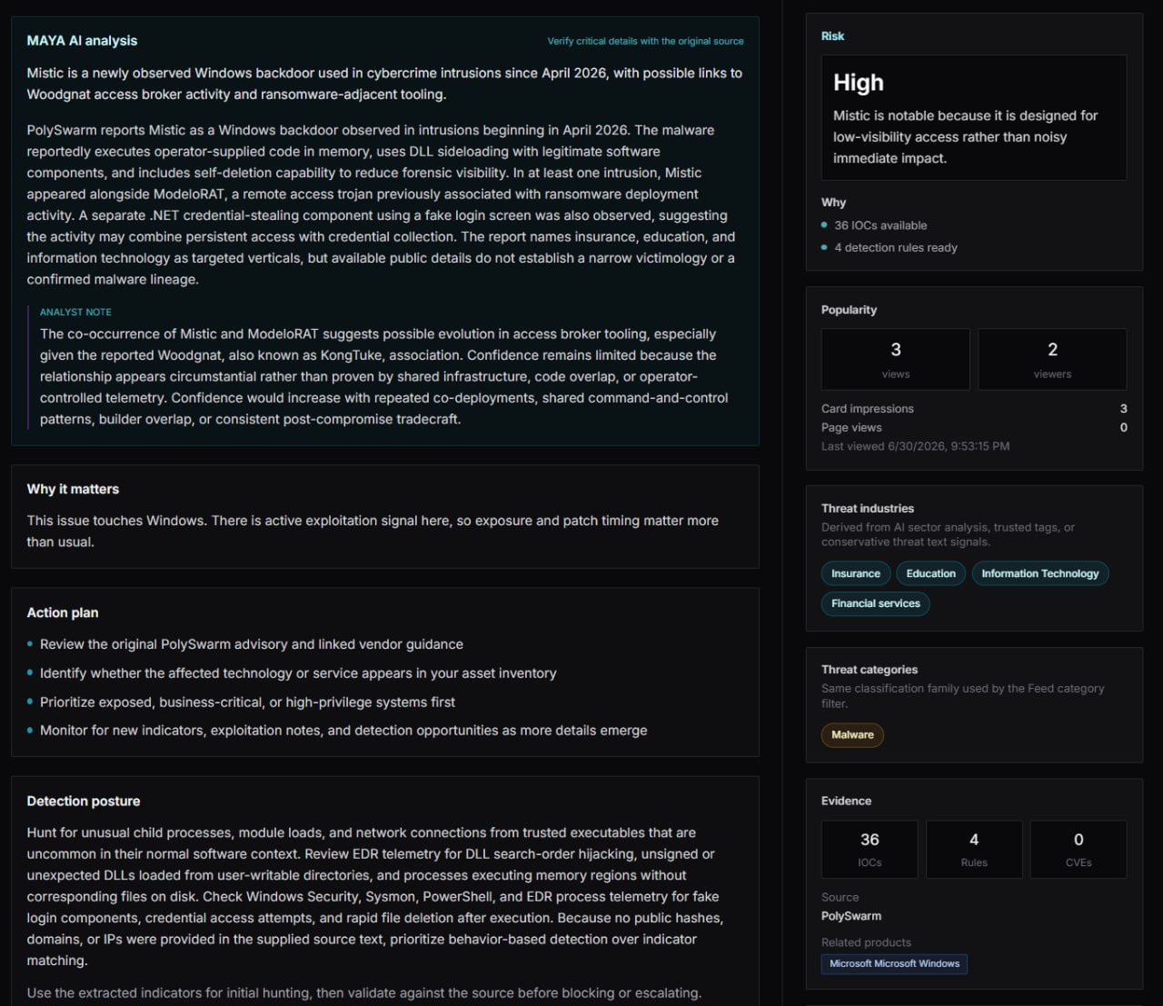 MAYA AI threat analysis screenshot