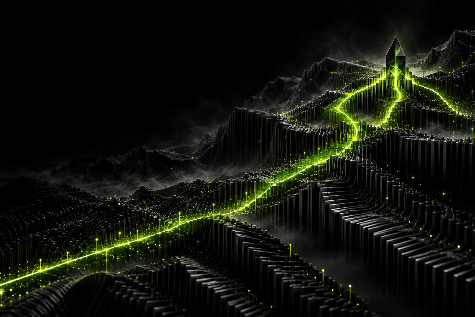 A bright signal finding a path through a dark, complex landscape